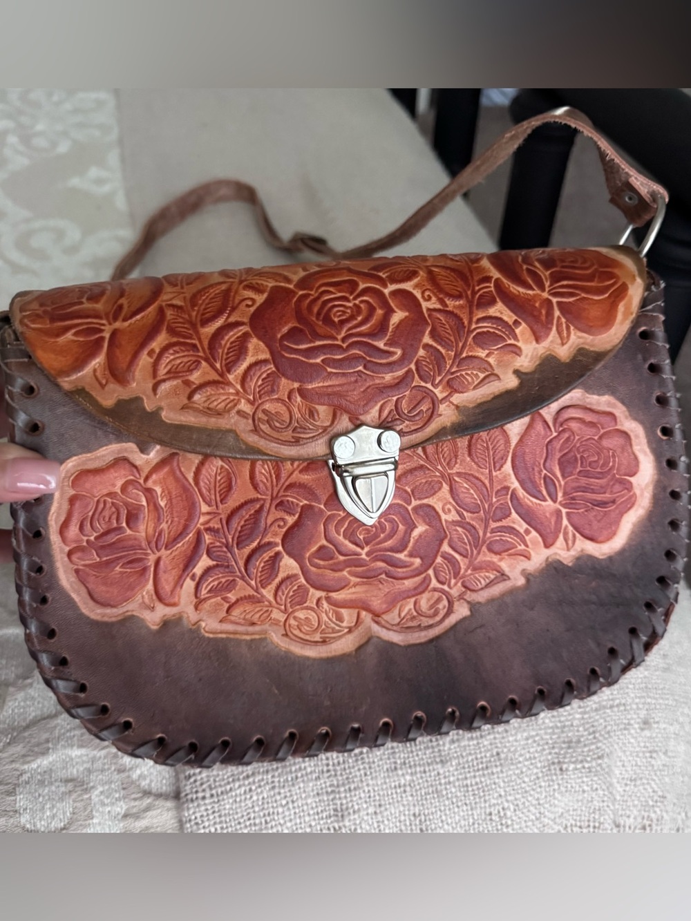 Hand-crafted Floral Shoulder Bag in Brown Leather